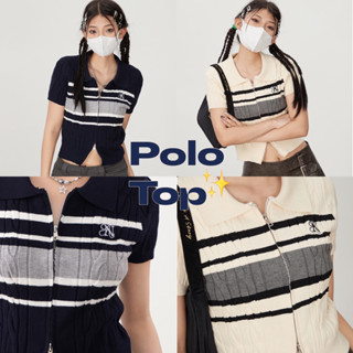 (พร้อมส่ง) polo top เสื้อโปโลแขนสั้น ซิปหน้า 2 สี ครีม กรม sweetlikehoney.store