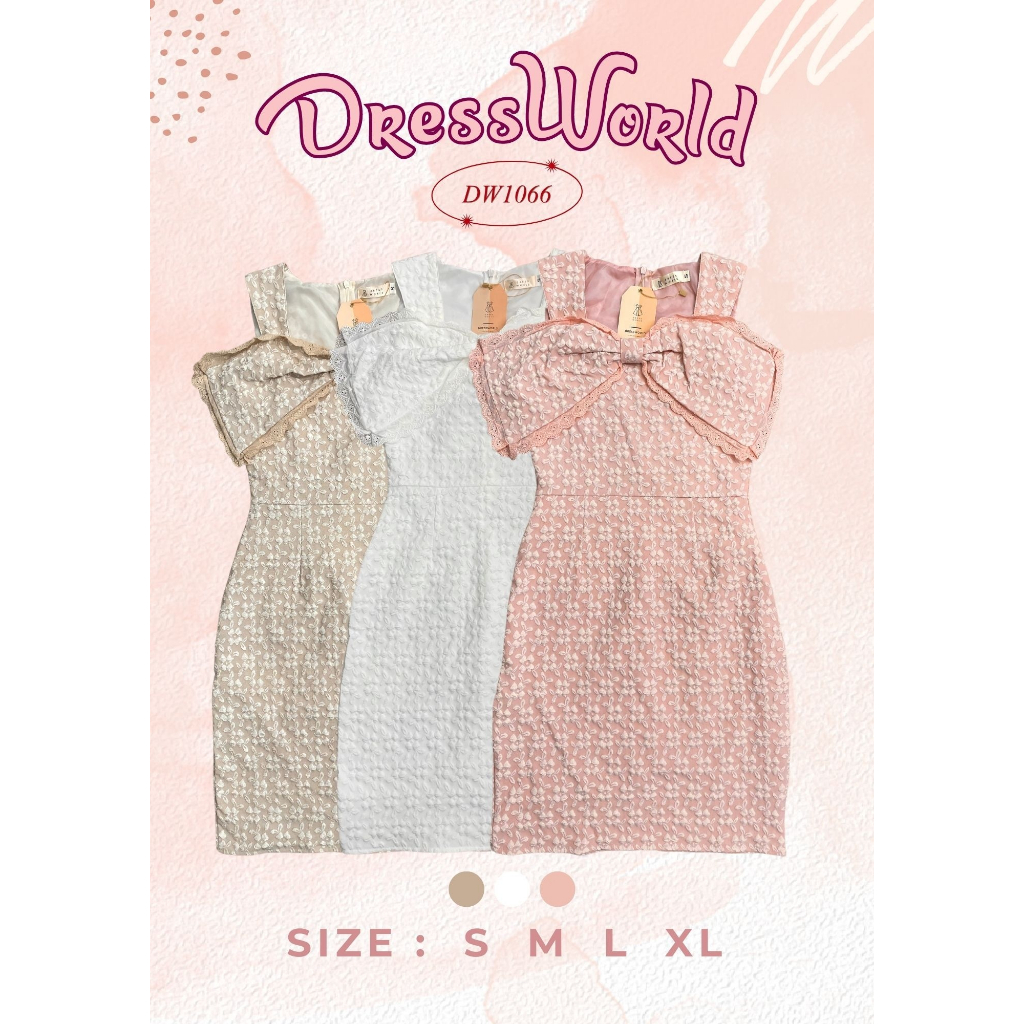 {S-XL} 1066 งานป้าย Dress World เดรสสั้นแขนกุด ผ้านูนลายดอก แต่งโบว์อก ตัวแม่ต้องมีจ้าา