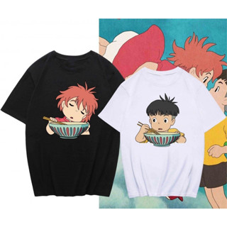 Cliff On Goldfish Kyi Anime Sosuke Ponyo การกินบะหมี่ผ้าฝ้ายแขนสั้นเสื้อยืดขนาดใหญ่