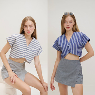 Bluebell Crop (new color) เสื้อครอป เกยบ่า กระดุมปั๊ม ใส่สบาย มีซับในทั้งตัว