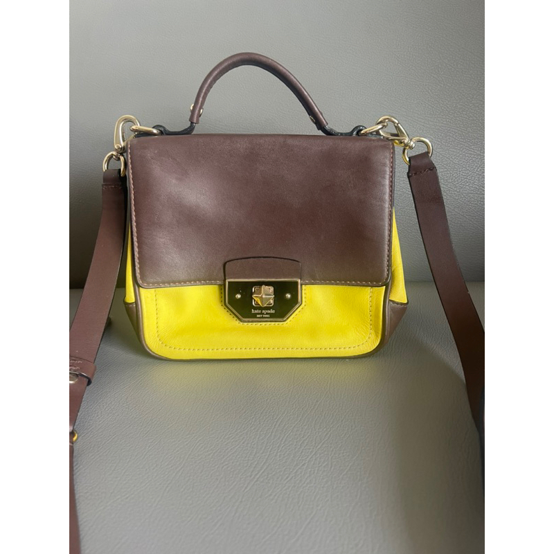 Kate Spade New York Yellow Brown Leather Top Handle Crossbody Bag แท้💯 มือสอง
