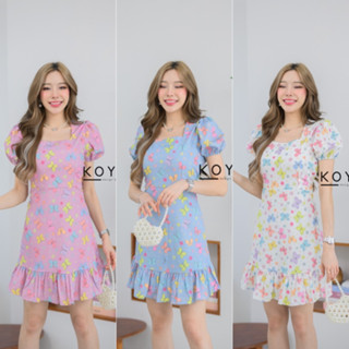 K352-16 Mini dress butterfly เนื้อผ้าครัชพิมพ์ลาย เชือกเอว ซิปหลัง ซับในทั้งตัว