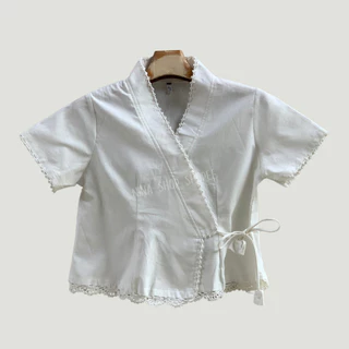 เสื้อผ้าฝ้ายผู้หญิง ซอมพอป้ายผูกข้าง แขนสั้นถักมือฝีมือ สวมสบายได้ทุกฤดู ใส่ทำงาน ใส่เที่ยวชิลชิล ดูเรียบร้อยสวยน่ารัก