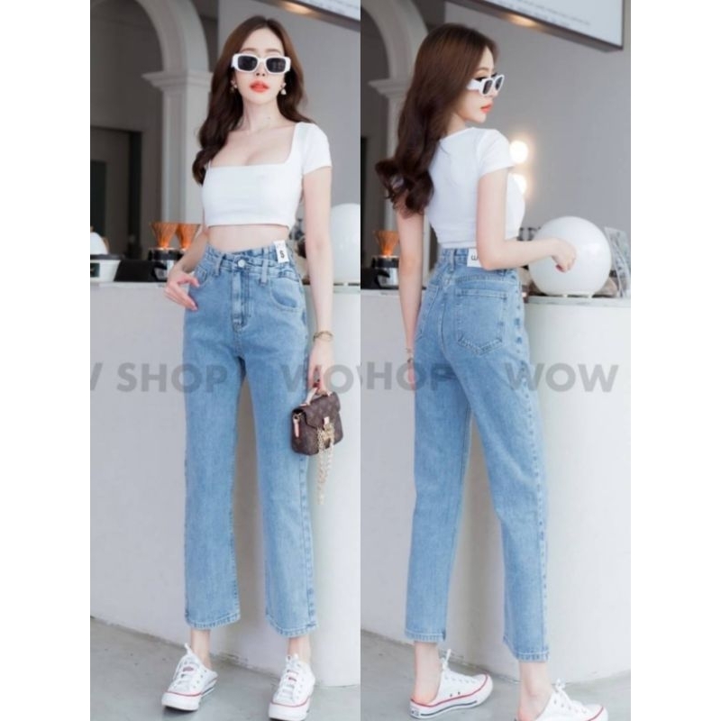 wow8245#กางเกง​ยีนส์​ทรง​บอยสีฟอกผ้าไม่ยืดเอวสูง