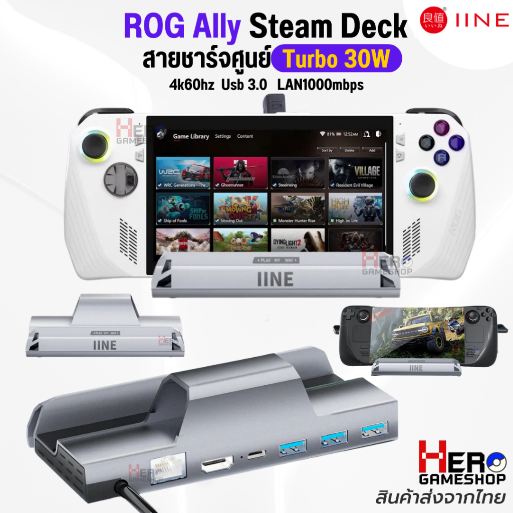 iine ROG ALLY DOCK 30W พร้อมส่งในไทย SD Docking Station/Video Conversionสายชาร์จศูนย์ไทยขึ้น30W/4K60hz/USB3.0x3 /LAN