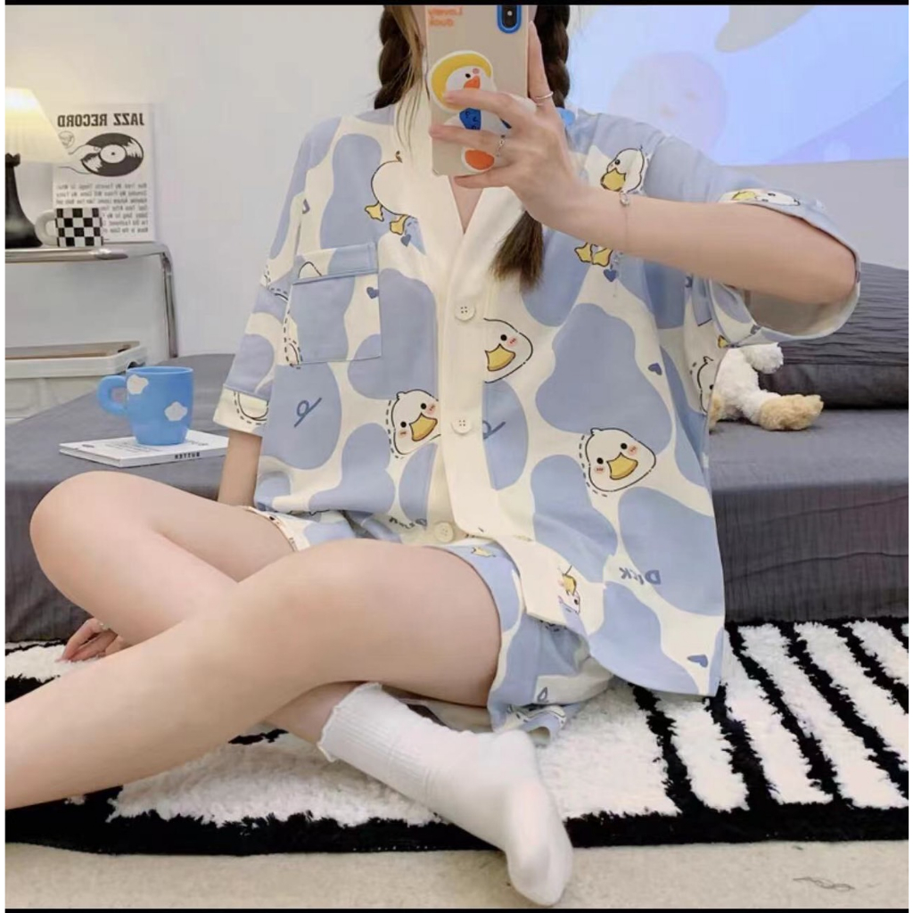 FS ชุดนอนเสื้อแขนสั้น+กางเกงขาสั้นลายการ์ตูน น่ารักๆ สไตล์เกาหลี 2ชิ้น สําหรับผู้หญิง พร้อมส่งจากไทย