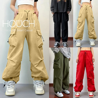 Houch พร้อมส่ง COD กางเกงคาร์โก้ผู้ชาย าโก้ผู้ชาย ดินป่า cargo pants ชาย งย่น ชุดเดินป่า ผู้ชาย ไซส์ ใหญ่ ขายาวลำลอง ผ้าฝ้าย กางเกงเอวยืด สีพื้นไซส์ใหญ่ สําหรับผู้ชาย