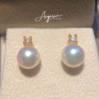 9mm Japanese Akoya Pearl Earrings ต่างหูเงินเเท้925ชุบทอง18K ฝังเพชรเเท้10ตัง น้ำ100 VS ไข่มุกอะโกย่า จากประเทศญี่ปุ่น