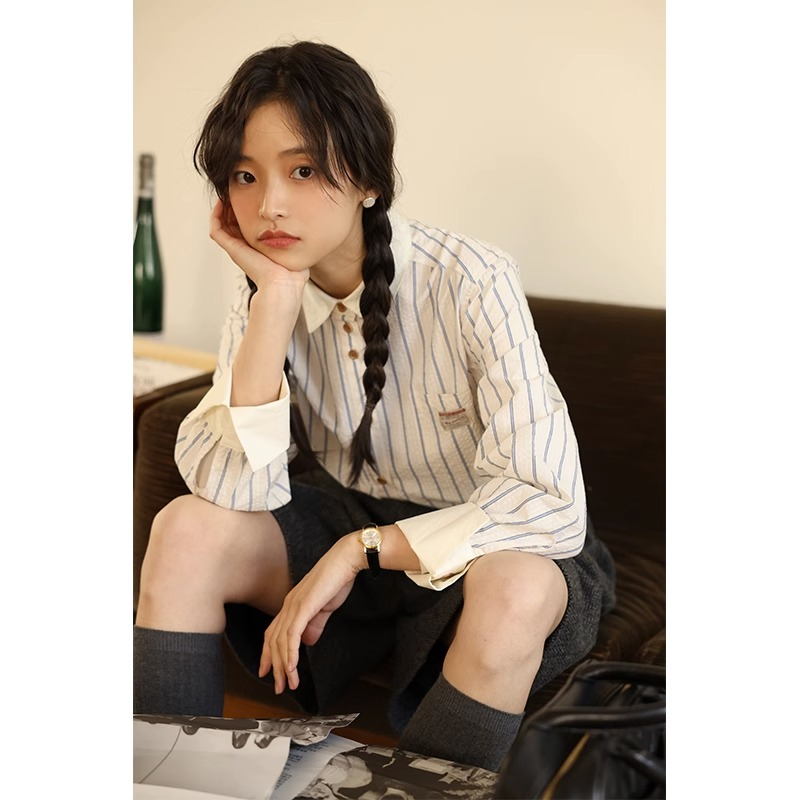 พร้อมส่ง🚚💨PBB3022💨เสื้อเชิ้ตลายทางคอปกแขนยาวผู้หญิง oversize เสื้อทํางาน แบบมีกระเป๋าแฟชั่นเกาหลีวิน