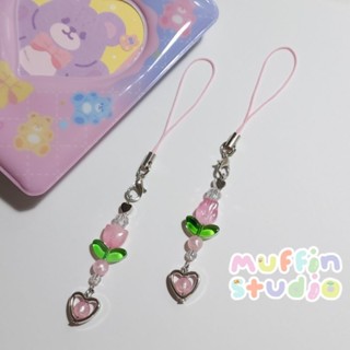 Tulip flower collection Keychain พวงกุญแจ​ลูกปัด​ สาย​ห้อย​โทรศัพท์​ รุ่น​ทิวลิปชมพู​ มี 2 แบบ