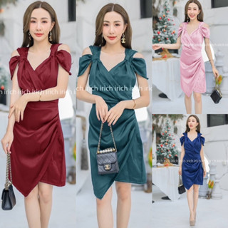 3445 เดรสสั้นออกงาน ผ้าซาร่าเนื้อเงา แต่งเว้าไหล่ คอป้ายหน้า งานซิปหลัง สวยหรู