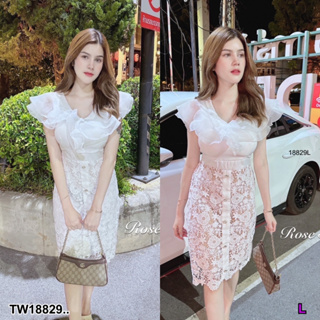 MF18829  Dress เดรสลูกไม้ งานสวยตรงปก เดรสกระโปรง แขนระบาย คอวี นี้นี้ สวยมากคะ ใส่เที่ยว ใส่ทำบุญ ถ่ายรูปสวยได้ทุกโอกาส