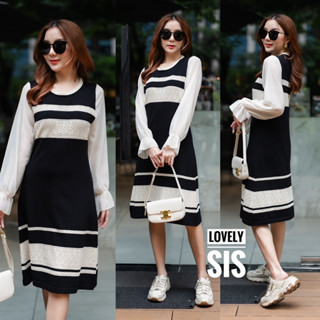 🌈🌸🌺🌼🧡🤎🇰🇷 Knit Stripe Crochet Patch Chiffon Long Sleeve Dres