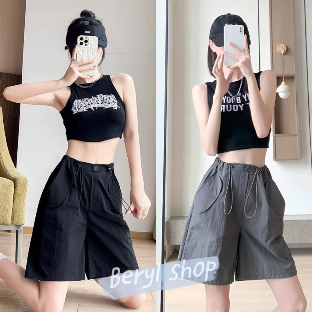 Beryl กางเกงขาสั้นคาร์โก้ ทรงสูงและทรงขาตรงเพื่อความผ่อนคลายแบบสปอร์ต