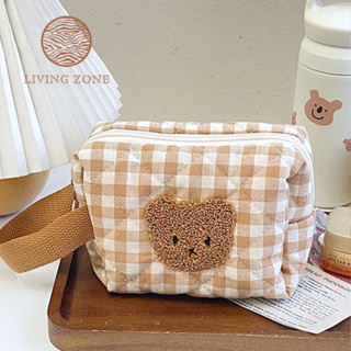 Living Zone กระเป๋าใส่เครื่องสำอางค์ ลายตารางปักหน้าน้องหมี Bag Cute Bear
