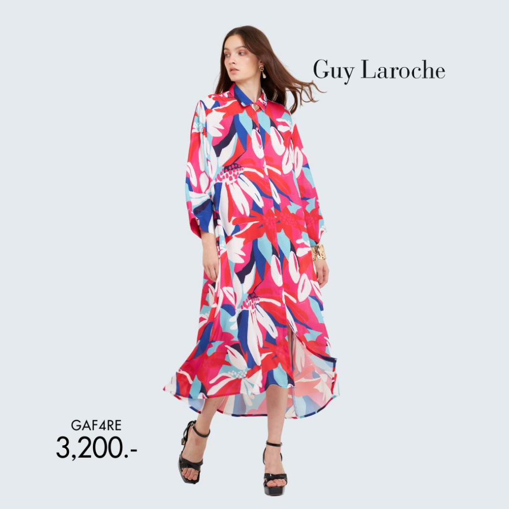 Guy Laroche Dress Wrinkle free Petal paradise เดรสยาว คอปก ทรงหลวม แขนสี่ส่วน สีแดง GAF4RE