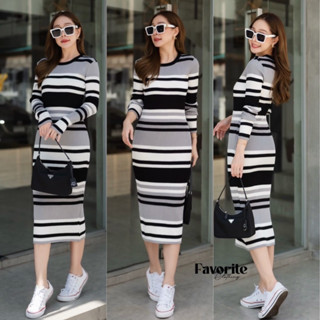 🌈🌿🌸🌺🌼🤎🧡🇰🇷 Knit Stripe Long Sleeve Maxi Dress