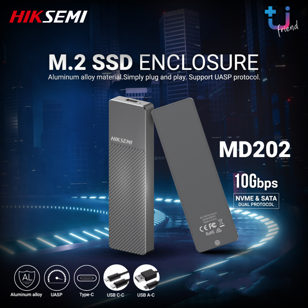 MD202 HIKSEMI M.2 NVMe and SATA SSD Enclosure Aluminum, RTL9210B Chips, 10Gbps