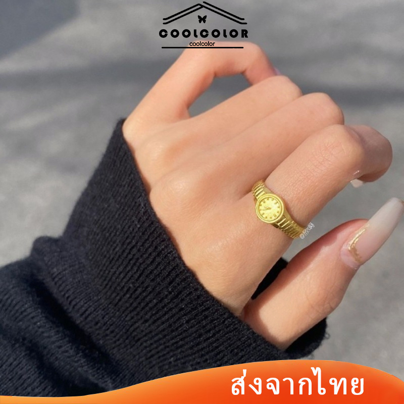 พร้อมส่ง แหวนนาฬิกาทองขนาดเล็กนาฬิกาสร้างสรรค์แหวนวินเทจสำหรับผู้หญิงอุปกรณ์แฟชั่นเกาหลี
