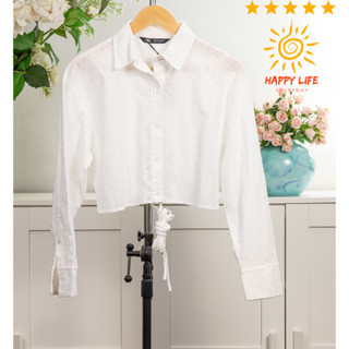 เสื้อมือสอง ZARA เสื้อคอปกแขนยาว ผ้าลูกไม้ปักคอตตอนได้ กระดุมหน้าเปิดหลังมีสายรัดเอวแบบเก๋ใส่สบายไม่ร้อน ผ้าดี สีขาว