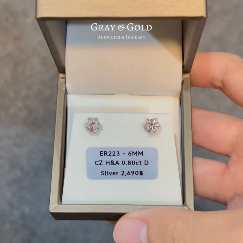 [ER223-6] ต่างหูเพชรสังเคราะห์ พรีเมี่ยม CZ ขนาด 80 ตังค์ (6 หนามเตย) ตัวเรือนเงินแท้ 92.5% Gray & G