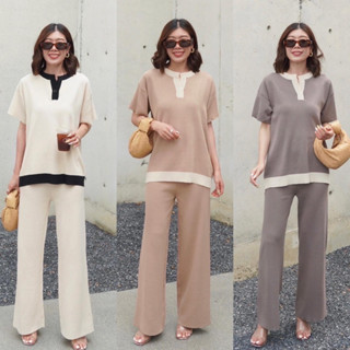 🇰🇷 Minimal Korea🇰🇷 Knit Round Neck V Cut Top + Hight Waist Pants Set (690฿ฟรีส่ง) สายมินิมอลมาค่ะ เซ็ตนิต studioX2