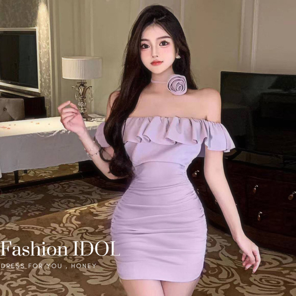 ชุดมินิเดรสเปิดไหล่รัดรูป+โช้คเกอร์ดอกกุหลาบสีหวานละมุน ลุ๊คคุณหนูสุดๆ F-117