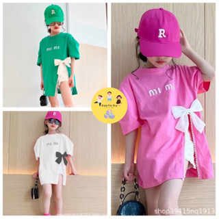 (พร้อมส่ง) เสื้อยืดแขนสั้นผ้าฝ้าย แต่งโบว์ แฟชั่นหวานๆ มี 3 สี สำหรับเด็กเล็กเด็กโต