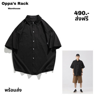 เสื้อเชิ้ตแขนสั้นผ้าไนลอนสีดำ