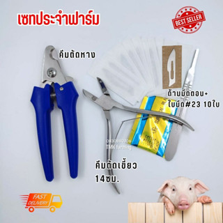 เซท[3ชิ้น] กรรไกรตัดเขี้ยวหมูแสตนเลส คีมตัดหางหมู มีดตอนหมู อุปกรณ์ทำคลอดหมู