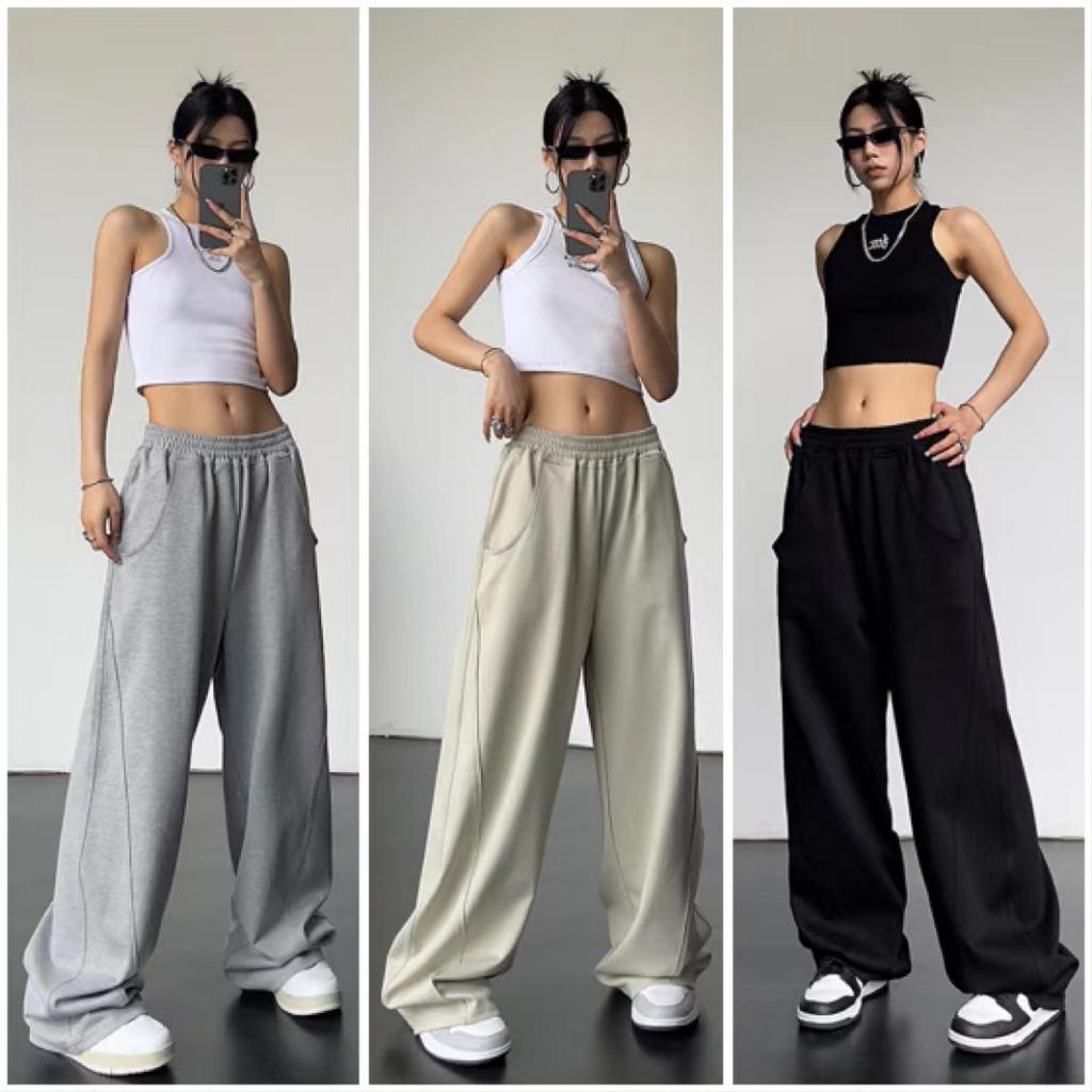 Bella กางเกงลำลอง ดำ/เทาอ่อน/แอปริคอท/เทาเข้ม กางเกงขายาว กางเกงเอวสูง สไตล์เกาหลี ใหม่ กางเกงขากว้างลำลองหลวม พร้อมส่งจากกทม มาถึงใน 3-5 วัน