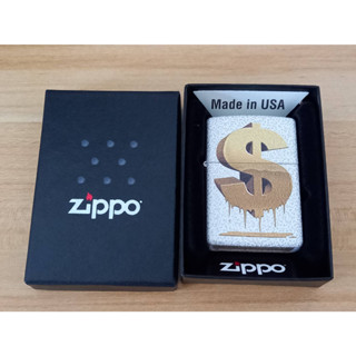 ZIPPO 49681 DRIPPY DOLLAR DESIGN   สีขาวเกล็ดลายแบบสกรีน  ของใหม่ไม่ผ่านการใช้งาน  มาพร้อมกล่องตรงรุ่น  รับประกันของแท้