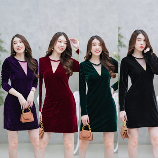 hbstation.shop เสื้อผ้าผู้หญิง Dressออกงาน สีม่วง แดง เขียว ดำ พร้อมส่ง