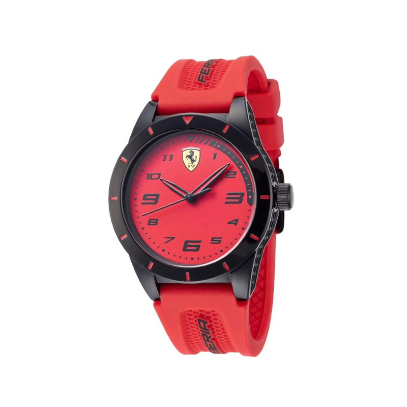 [[พร้อมส่ง📦แท้💯%]] Scuderia Ferrari Men's Red Dial Silicone Strap Black Watch