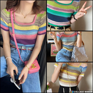 เสื้อแฟชั่นไหมพรมลายทาง สีสันสดใส DYBK307 4สี4สไตล์ ยืดได้เยอะ
