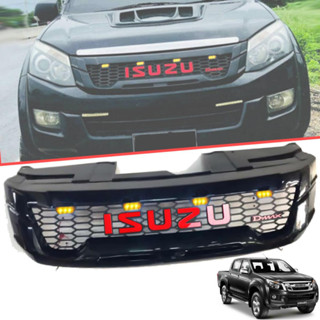 กระจังหน้า หน้ากระจัง มีไฟ LED สีเหลือง รุ่น อีซูซุ ดีแม็กซ์ ISUZU D-MAX DMAX ปี 2012 - 2014 โลโก้แดง สีดำเงา 1 ชิ้น