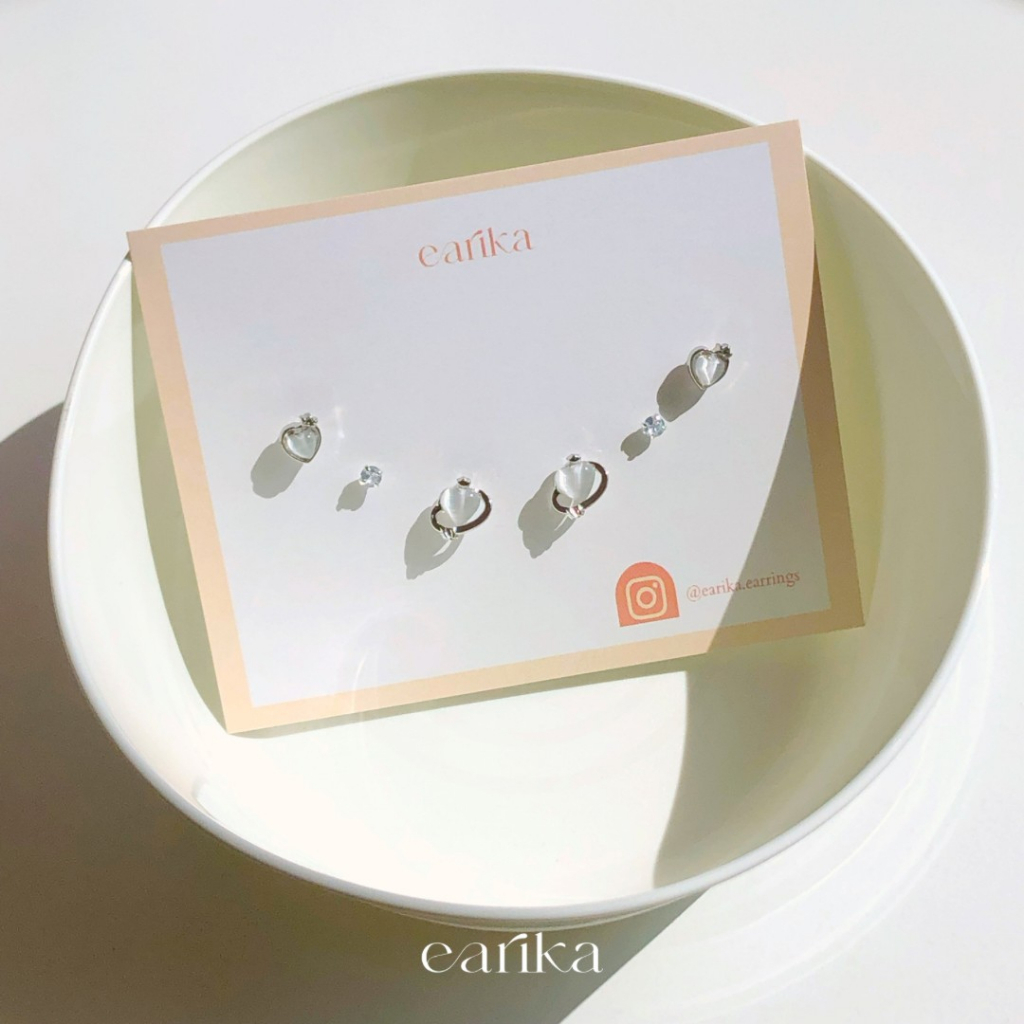 earika.earrings - smoke white heart planet & pal set เซ็ตต่างหูก้านเงินแท้ชุบทองคำขาว คนแพ้ง่ายใส่ได้