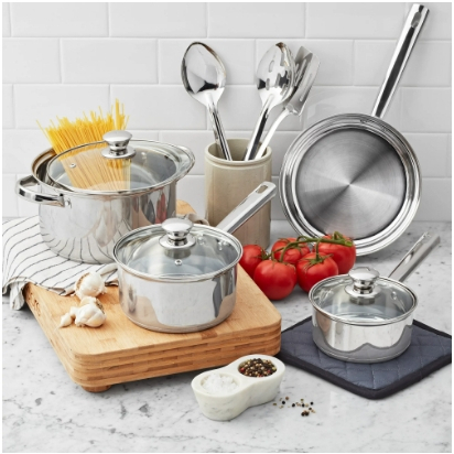 ชุดหม้อกระทะสแตนเลส 10 ชิ้น Mainstays Stainless Steel 10 Piece