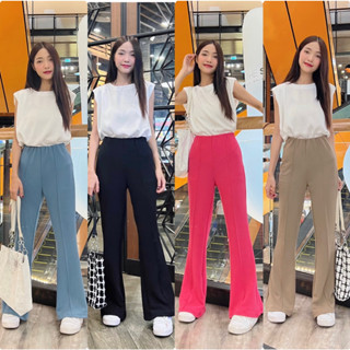 2532🍰KOREAN HIGH WAIST PANTS   กางเกงขาม้า2แบบ มีผ่าหน้า ดีเทลจับเกล็ดหน้า ขอบเอวยางยืด ทรงนี้กำลังฮอตฮิตมากๆ