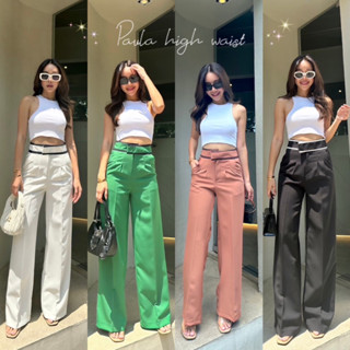 Paula high waist pant กางเกงเอวสูงทรงสวยใส่แล้วขายาวสุด ๆ ดีเทลช่วงเอวแต่งขอบทูโทน ป้าย promthong