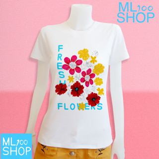 เสื้อยืดลาย fresh flowers ผ้า TK พิมพ์ลายลงในเนื้อผ้า - ML100SHOP (คอกลม)