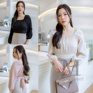 ZY004 !! พร้อมส่ง !! เสื้อครอปปาดไหล่ คอเหลี่ยม แขนยาว แต่งดีเทลผูกหลัง อกจับจีบ จั้มเอว ผ้า Dobby ใส่สบาย