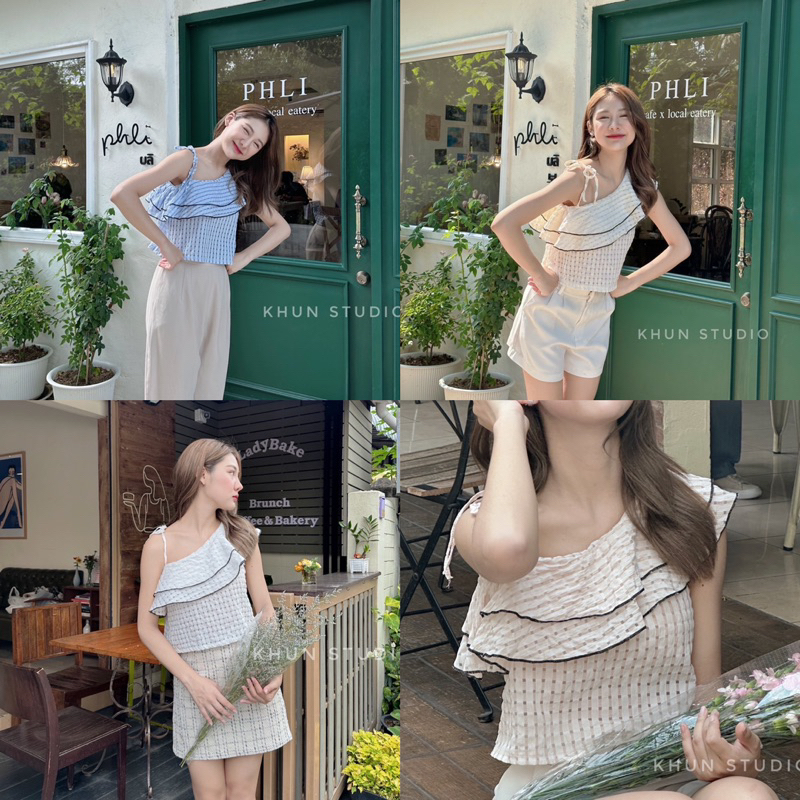 ✨🎀Khun Studio🎀✨เสื้อแต่งระบาย🍭ดีเทลเบี่ยงไหล่ สายผูก ทรงน่ารักมากกกก💘💐