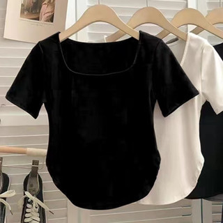 Px ราคาพิเศษ เสื้อแขนสั้นผู้หญิง คอกว้าง แหวกเอวสุดเซ็กซี่ แมทช์ง่าย ผ้านุ่มดีใส่สบาย