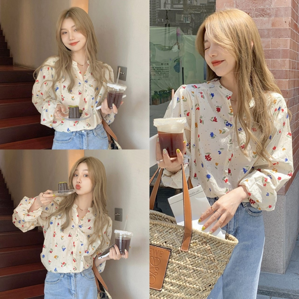 ราคาถูกที่สุด เชิ้ตแฟชั่นผู้หญิง ลายดอกไม้แเดงน้ำเงิน คอกลม แขนยาวพองๆ กระดุมหน้า น่ารักมาก