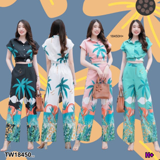 TW18450 set 2 ชิ้น เสื้อครอปปกเชิ้ต ลายต้นมะพร้าว + กางเกงขาายาวลายต้นมะพร้าว