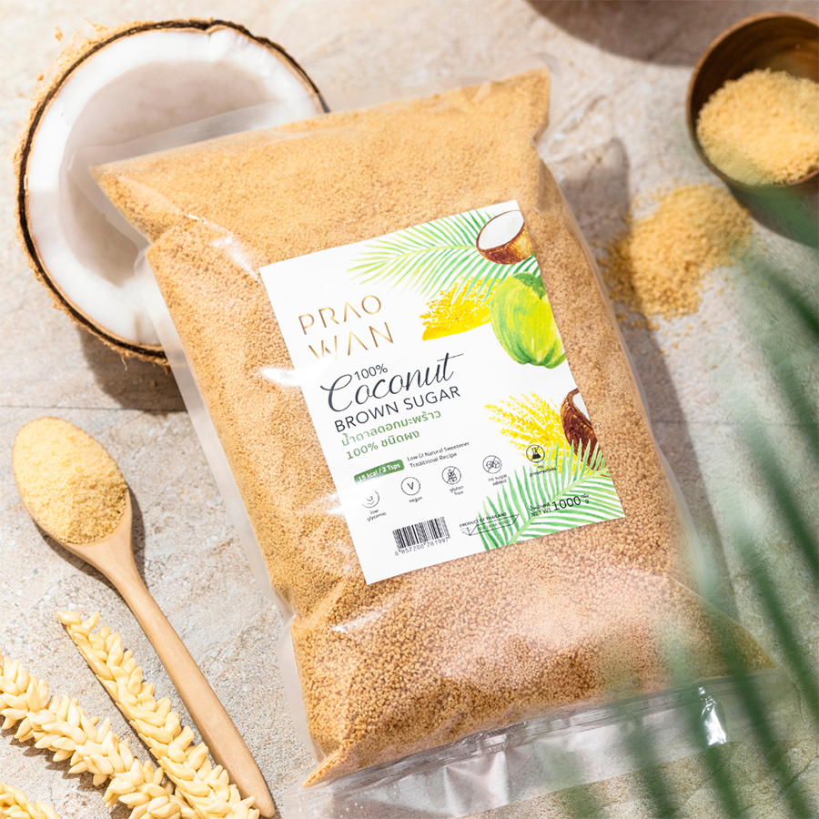 Praowan น้ำตาลดอกมะพร้าวชนิดผง 100% 1 kg หอมอร่อย ดัชนีน้ำตาลต่ำ แคลอรี่ต่ำ