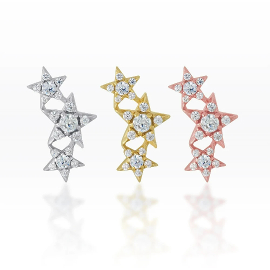 PiercingRoomByJay, จิว/ต่างหูสำหรับผิวแพ้ง่าย Three Stars CZ แป้นแบน เงินแท้