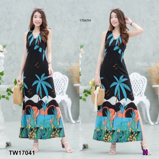 Maxi dress คอวีลายต้นมะพร้าวสุดชิค มีซิปซ่อนด้านข้าง มีซับใน TT17041