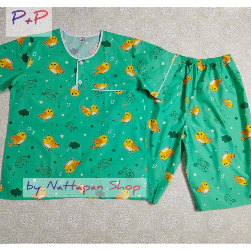 ชุดนอน P+P ผ้าคอตตอน Free Size คอกลมสวมหัว แขนสั้น ขา 3 ส่วน ชุดนอนผู้ชายและผู้หญิง by Nattapan Shop